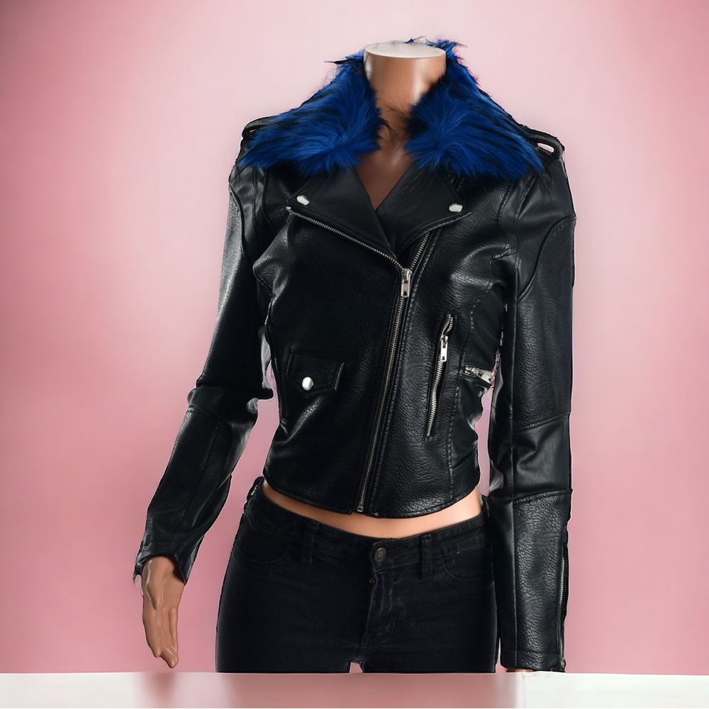 MEMBERS ONLY FAUX LEATHER JACKET BLUE FUR